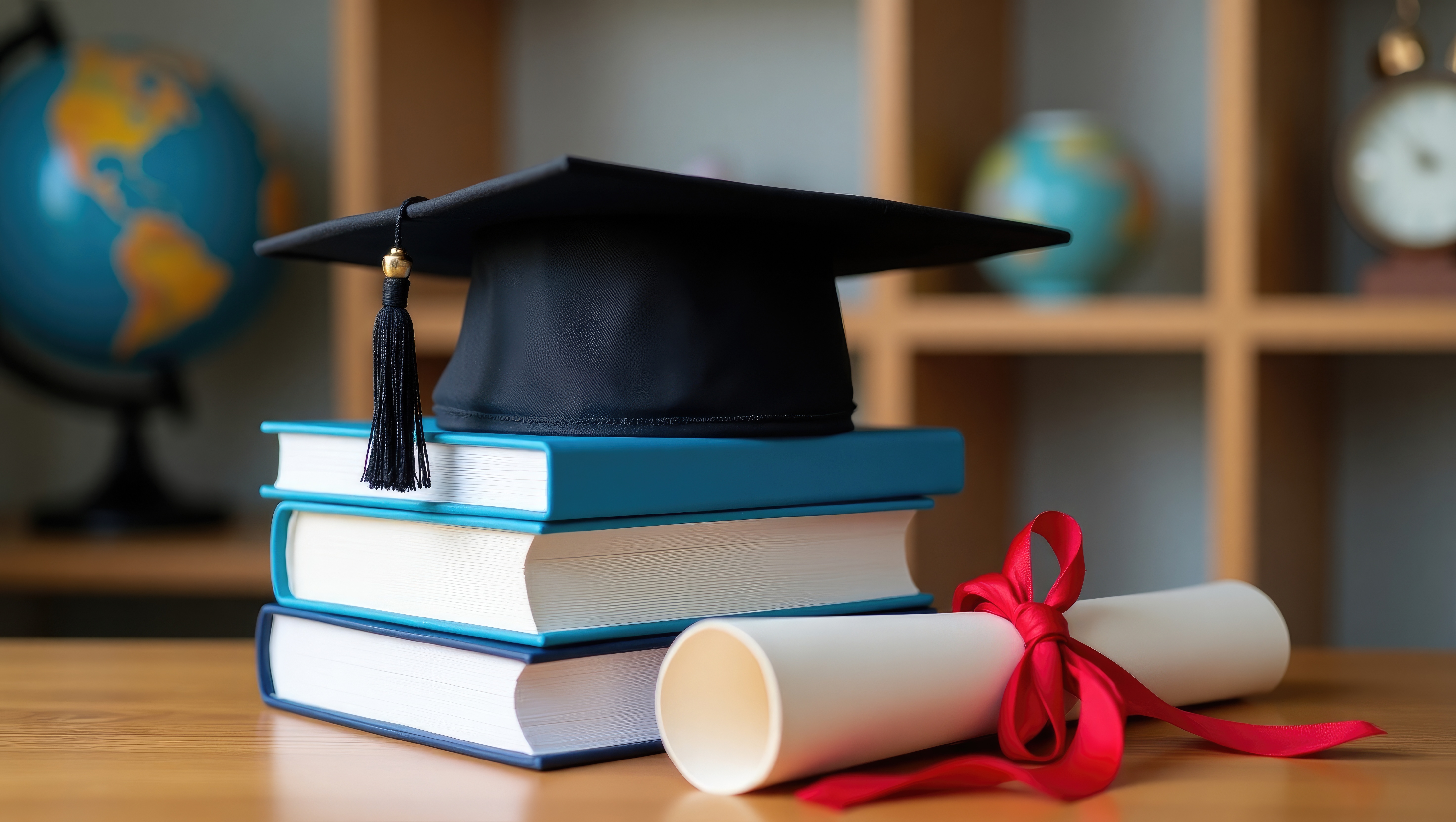 A graduation cap on top of books, next to a rolled diploma.