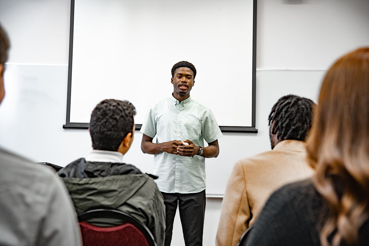 A student speaks to his peers during a speech class at Oklahoma City Community College.