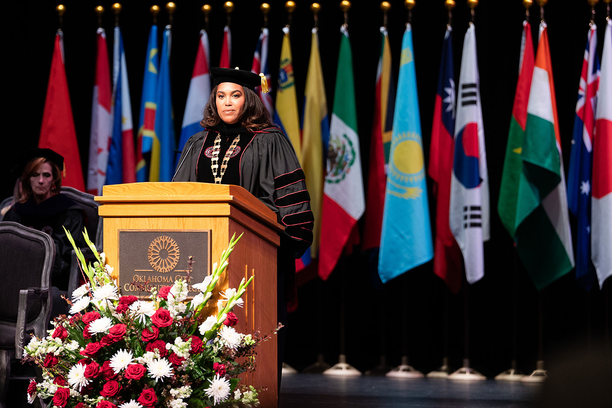 Oklahoma City Community College President Dr. Mautra Staley Jones speaks during a commencement ceremony.
